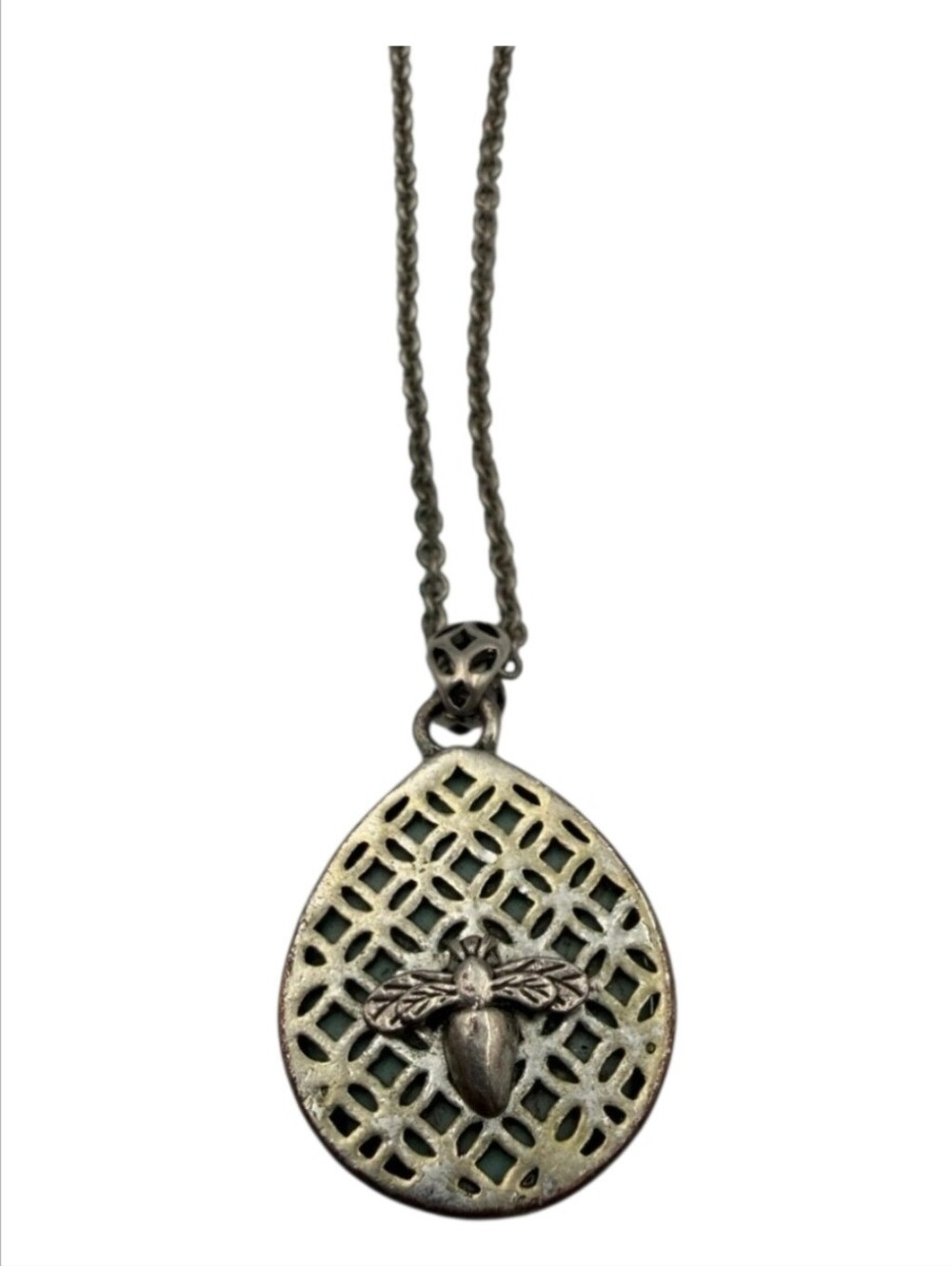 Fossil Silver Tone Teardrop Turquoise Pendant Necklace Bee Key Charm 18L.+2" NEW - Picture 3 of 8